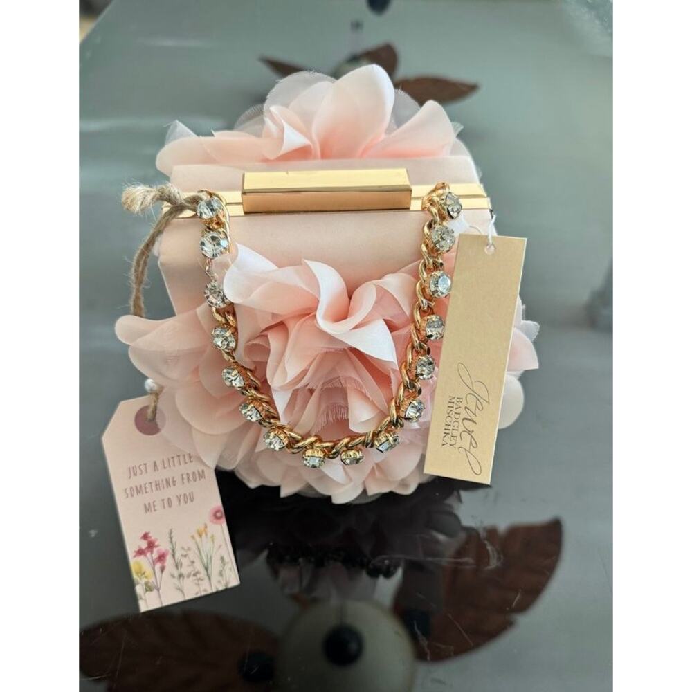 JEWEL BADGLEY MISCHKA Floral Evening Clutch Purse Blush Pink Gold Chain NWT